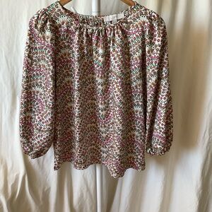 LOFT Cream Floral Peasant Blouse with Pink & Green Accents